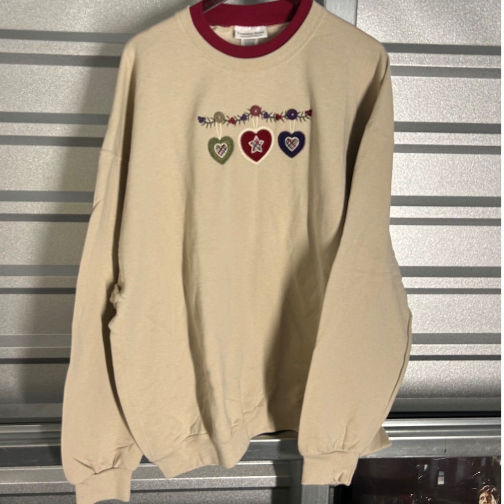 Country Store Sweatshirt Womens 3X Beige Heart Embroidered Cottagecore Grandma